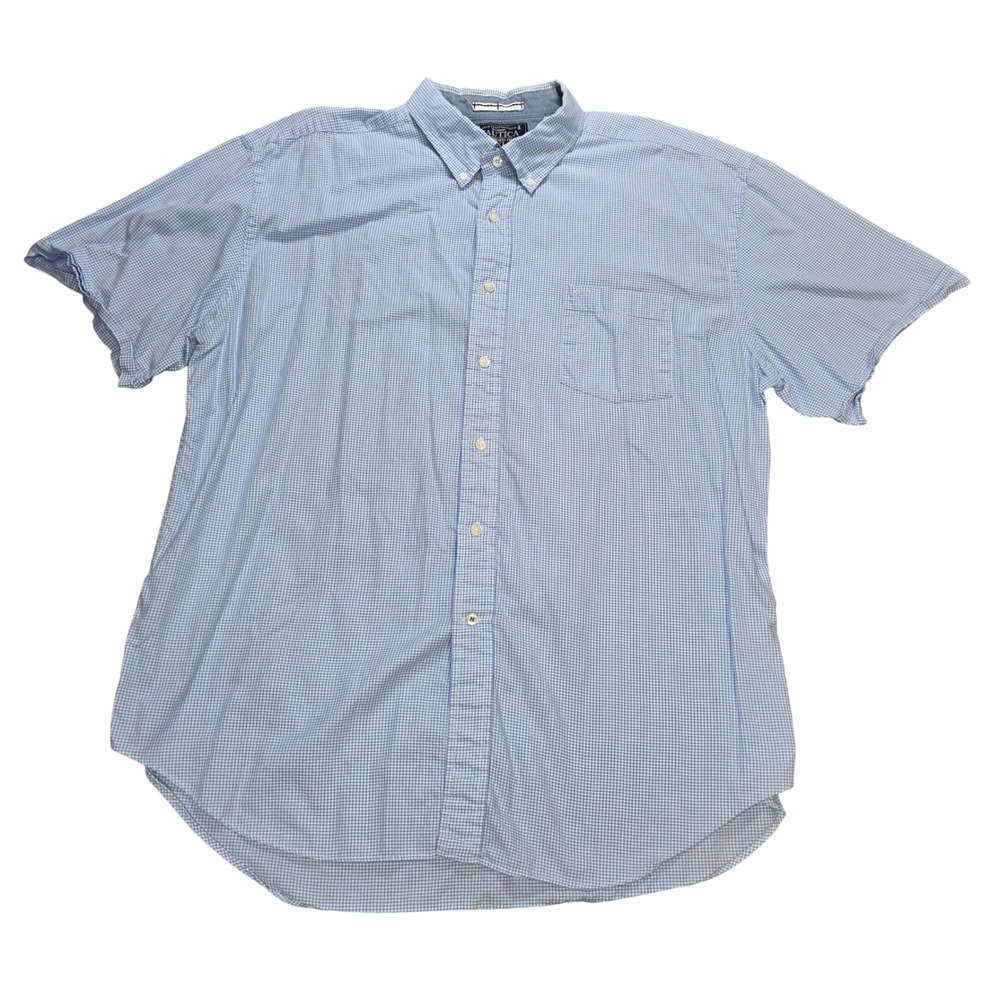 Nautica Button Down Shirt Men's Size XXL Blue White Gingham Short Sleeve Cotton